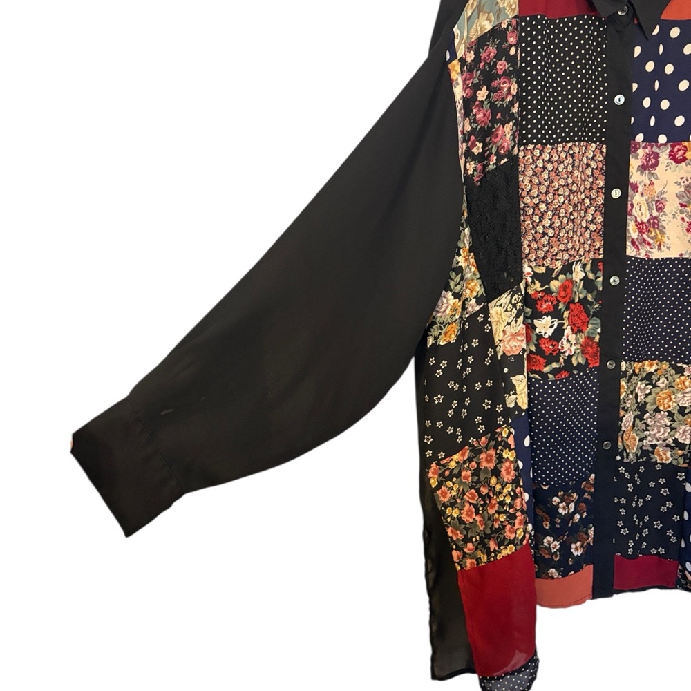 Vintage 90s Express Multicolor Patchwork Women's Tunic Blouse Button Front Flowy - Picture 4 of 11